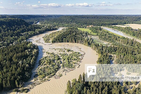 Isar at high water  Isarauen near Schäftlarn  drone image  Upper Bavaria  Bavaria  Germany  Europe