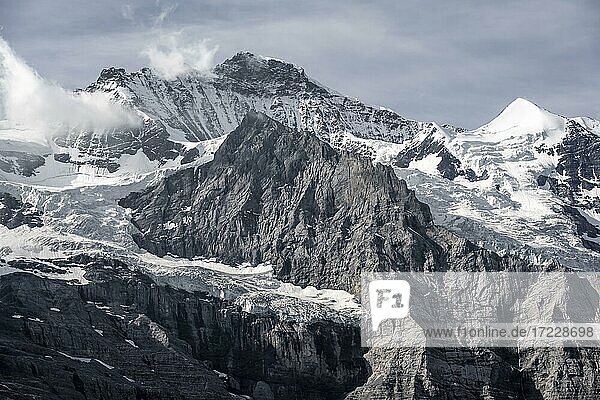 Schneebedeckte Berggipfel Jungfrau und Silberhorn mit Gletscher Jungfraufirn  Berner Alpen  Berner Oberland  Schweiz  Europa