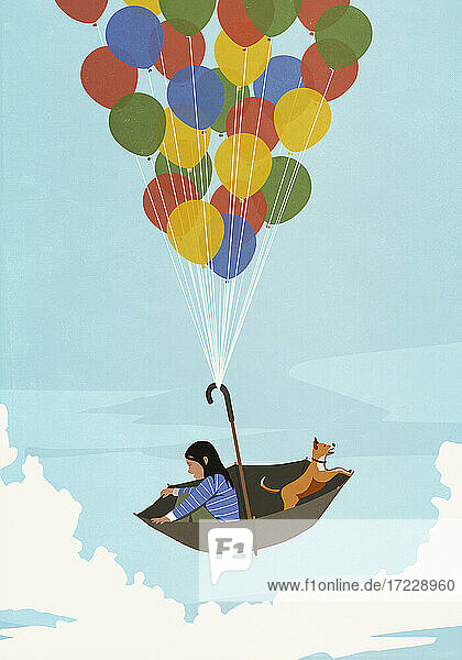 Mädchen und Hund schweben in Ballon Regenschirm in den blauen Himmel