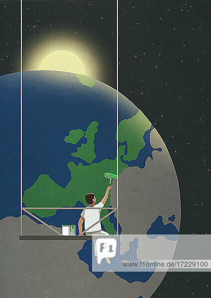 Mann auf Plattform malt Globus grün