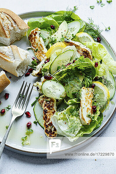 Halloumi-Salat mit Salat und Gurke