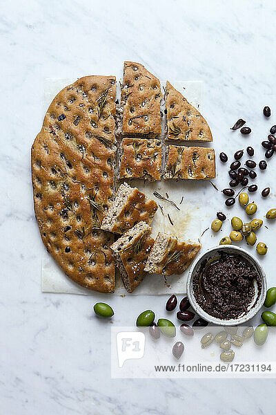 Olive focaccia and tapenade