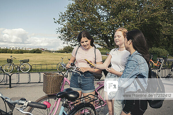 Teenager-Mädchen teilen Smartphone mit weiblichen Freunden im Park
