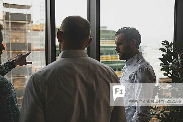 Males colleagues discussing with each other while standing by window in office