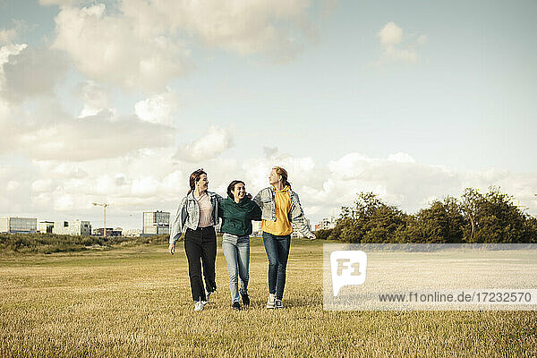 Cheerful friends talking with each other while walking in park against sky