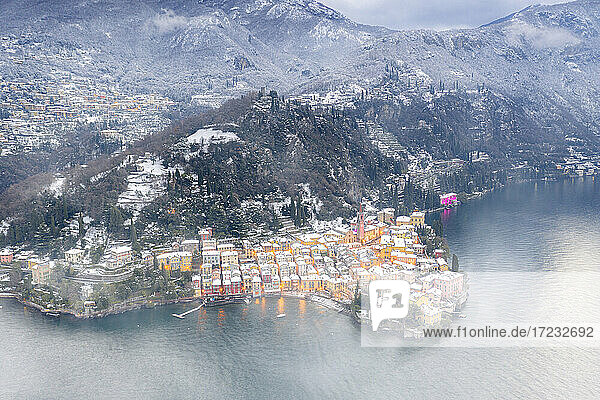 Romantic town of Varenna covered with snow  aerial view  Lake Como  Lecco province  Lombardy  Italian Lakes  Italy  Europe