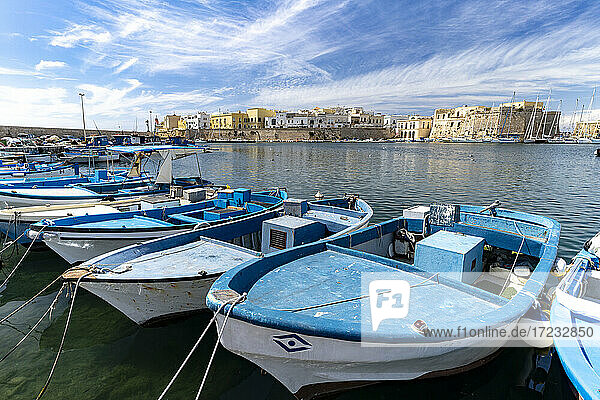 Fischerboote vertäut im Hafen mit alter Burg und Stadt im Hintergrund  Gallipoli  Provinz Lecce  Salento  Apulien  Italien  Europa