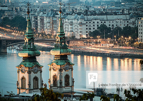 View over the River Danube at night in Budapest  Hungary  Europe