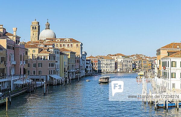 Boats on the Grand Canal  on the left church Chiesa di San Geremia  Venice  Veneto  Italy  Europe