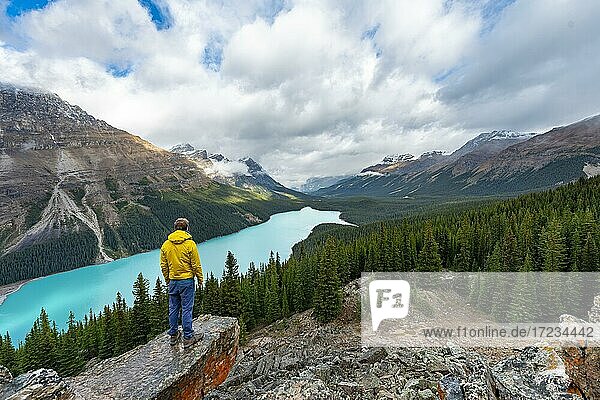 Wanderer blickt in die Ferne  Ausblick auf türkisfarbenen Gletschersee umgeben von Wald  Peyto Lake  Rocky Mountains  Banff-Nationalpark  Provinz Alberta  Kanada  Nordamerika