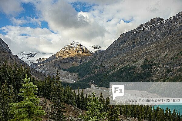 Blick ins Tal mit Gletscherfluss Peyto Creek  hinten Peyto Peak mit Gletscher  Banff National Park  kanadische Rocky Mountains  Alberta  Kanada  Nordamerika