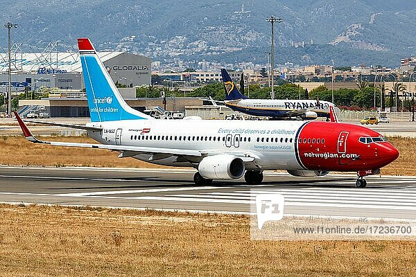 Eine Boeing B737-800 der Norwegian mit dem Kennzeichen LN-NGE startet vom Flughafen in Palma de Mallorca  Spanien  Europa