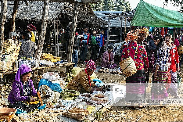 Tribal women shopping at the Market  Inn Thein  Inle lake  Shan state  Myanmar  Asia