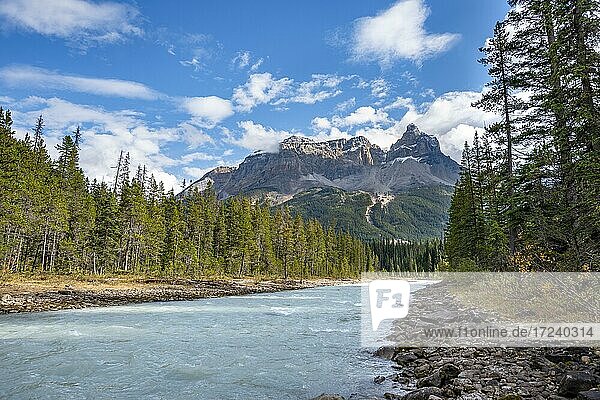 River Kicking Horse River  in the back mountain range with mountain peak Cathedral Crags  Rocky Mountains  Yoho National Park  province Alberta  Canada  North America