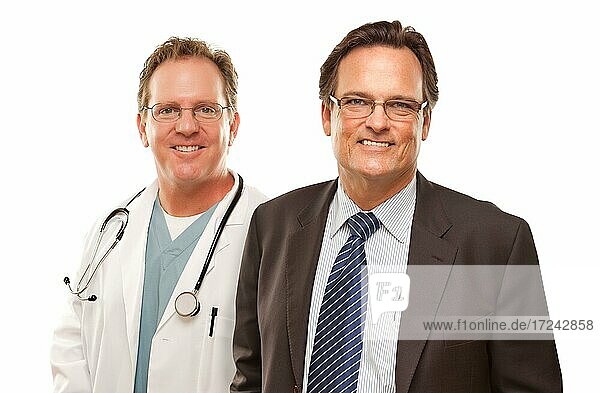 Smiling businessman with male doctor or nurse isolated on a white background