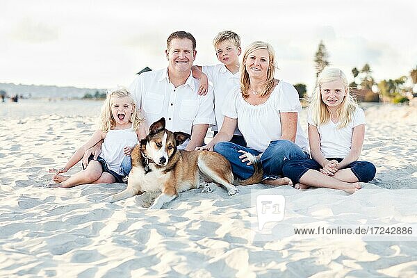 Glückliche kaukasische Familie und ihr Hund am Strand