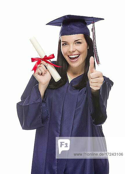 Happy graduating mixed-race female wearing cap and gown with her diploma isolated on white background