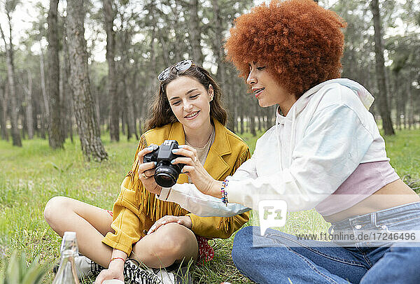 Freundinnen betrachten ein Foto in der Kamera  während sie im Wald sitzen