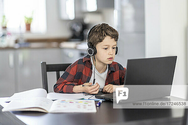 Boy e-learining through laptop at home