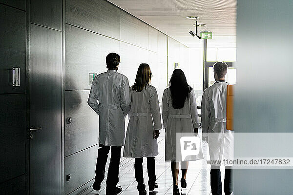 Female and male doctors in lab coat walking together in hospital
