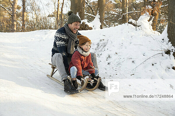 Playful father and son sledding on snow during winter