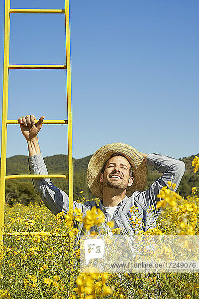 Lächelnder Mann mit Kopf in der Hand  der eine Leiter in einem Feld hält