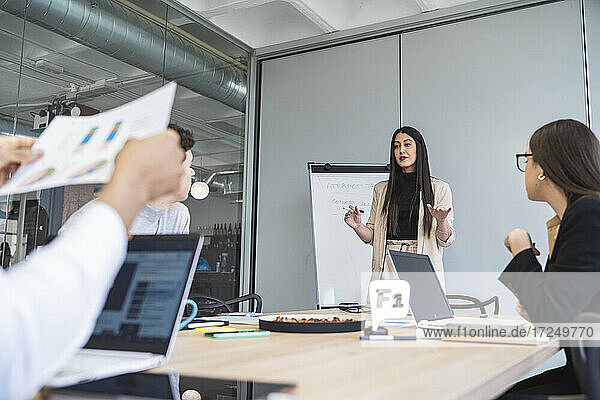 Female entrepreneur gesturing while explaining strategy during meeting in office