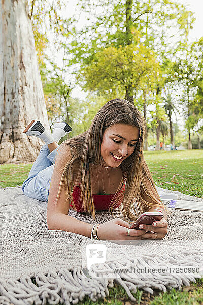 Smiling woman using mobile phone on blanket in park