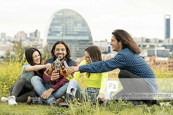 Fröhliche männliche und weibliche Freunde stoßen mit Bierflaschen auf einem Feld an