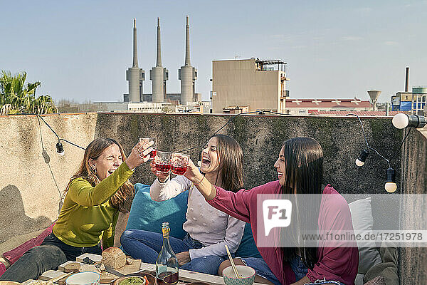 Weibliche Freunde lachen  während sie auf dem Dach mit einem Weinglas anstoßen