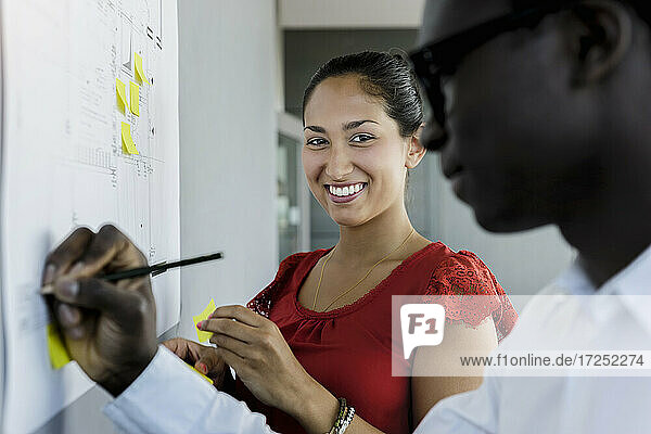 Smiling businesswoman sticking adhesive note by colleague in office