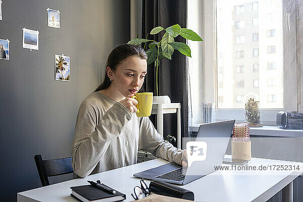 Frau trinkt Kaffee bei der Arbeit am Laptop im Büro zu Hause