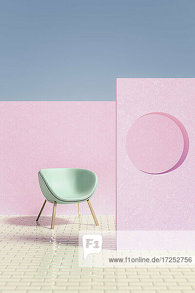 Dreidimensionales Rendering eines kreisförmigen Lochs in einer rosa Wand  das einen leeren Stuhl umgibt