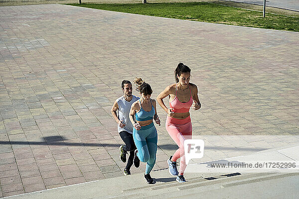Multi-ethnische männliche und weibliche Freunde joggen auf Stufen im Park