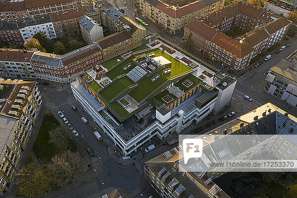 Sweden  Scania  Malmo  Aerial view of rooftop lawn in middle of residential city district