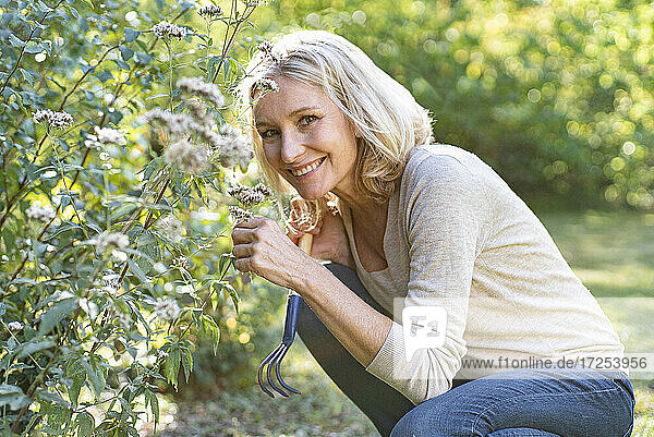 Porträt einer lächelnden reifen Frau  die im Hinterhof an Blumen riecht