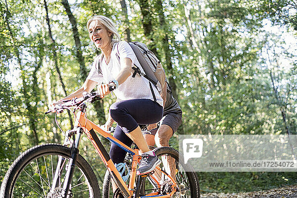 Low angle view of mature couple riding bicycles in forest