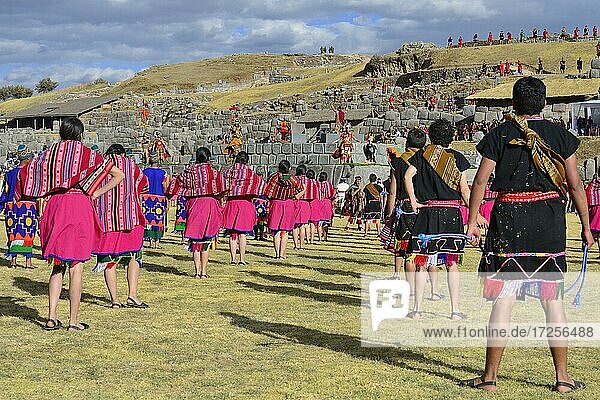 Inti Raymi  festival of the sun  dance group in front of the sanctuary  ruins of the Inca Sacsayhuamán  Cusco  Peru  South America