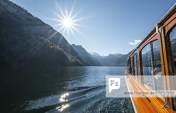 Tourist boat on the Königssee  Berchtesgaden National Park  Berchtesgadener Land  Upper Bavaria  Bavaria  Germany  Europe