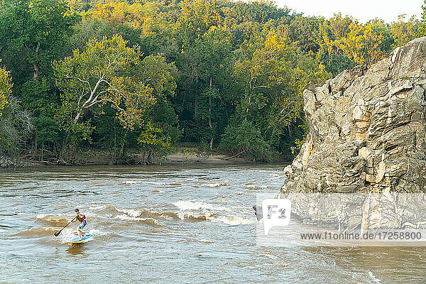 Ian Brown Stand Up Paddle surft auf einer Wildwasserwelle auf dem Potomac River in der Nähe von Potomac  Maryland  Vereinigte Staaten von Amerika  Nordamerika