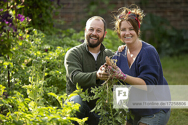 Porträt glückliches Paar ernten frisches Gemüse in sonnigen Garten