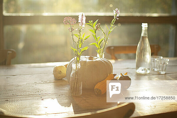 Einfache Wildblumensträuße  Kürbisse und Kürbisse auf sonnigem Herbsttisch