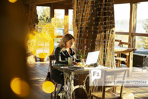 Geschäftsfrau arbeitet am Laptop in einem sonnigen Cafe