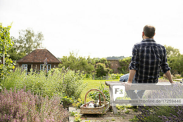 Man taking a break from gardening in idyllic sunny cottage garden