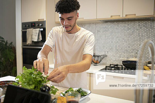 Junger Mann kocht mit frischem Koriander in der Küche