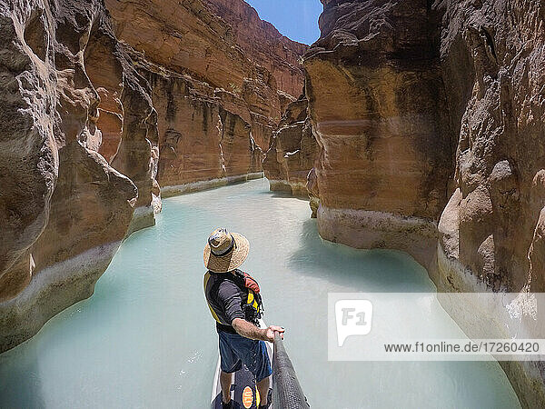 Fotograf Skip Brown auf einem Stand Up Paddle Board an der Mündung des Havasu Creek im Grand Canyon  Arizona  Vereinigte Staaten von Amerika  Nordamerika