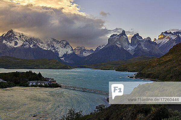 Lake Pehoe and Los Cuernos del Paine  Torres del Paine National Park  Ultima Esperanza Province  Magallanes and Chilean Antactica Region  Patagonia  Chile  South America