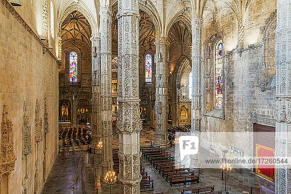 Interior of Jeronimos Monastery (Hieronymites Monastery)  Church of Santa Maria del Belem  with pillars  UNESCO World Heritage Site  Lisbon  Portugal  Europe