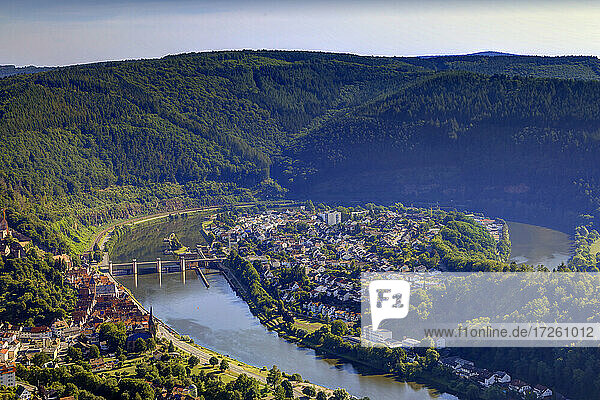 Aerial view of the town Hirschhorn am Neckar in UNESCO Global Geopark Bergstraße-Odenwald  Hesse  Bergstraße  Odenwald  Southern Germany  Germany  Europe.