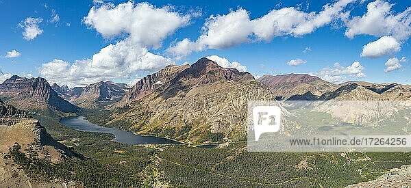 View of Two Medicine Lake  mountain peaks Rising Wolf Mountain and Sinopah Mountain  hiking trail to Scenic Point  Glacier National Park  Montana  USA  North America